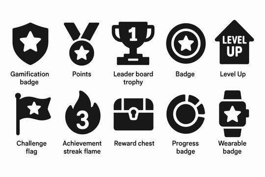Gamification solid icon set. badges, trophies, rewards collection