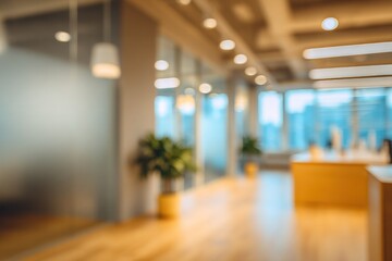 Modern Office Lobby Interior with Blurred Background and Warm Lighting