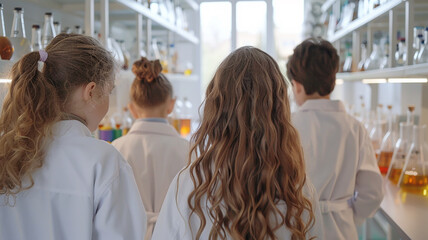 a group of children in a chemistry lesson, in a laboratory in white coats, experiments in a school laboratory