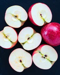 Fresh Red Apples and Halved Slices on Dark Background