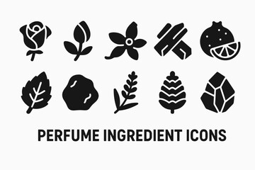 Perfume ingredients icon set. natural scents symbols in silhouette style