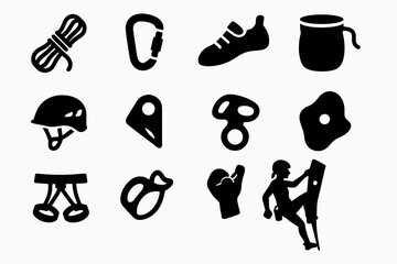 Climbing gear solid icon set. essential mountain and rock climbing icons collection