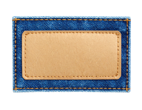 A rectangular leather patch stitched onto a blue denim fabric, featuring detailed orange thread stitching around both the leather and denim edges.