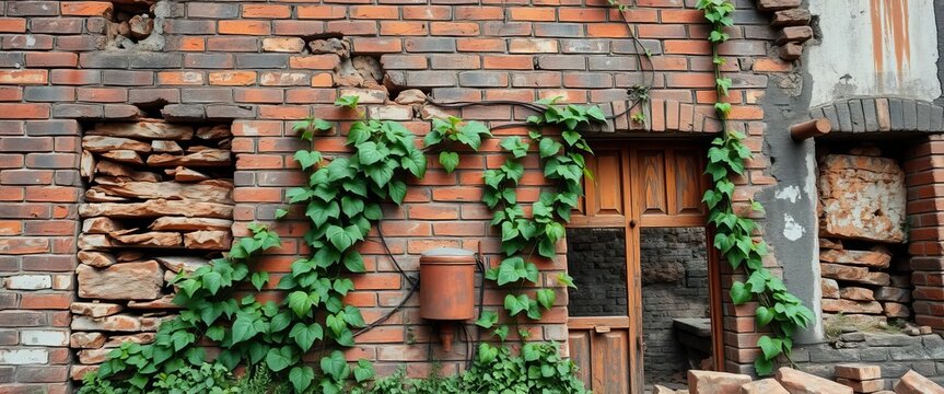 Crumbling brick walls, rusted metal, vines climbing over decaying structure, texture, forgotten - Powered by Adobe
