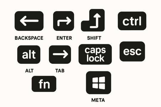 Keyboard shortcut solid icon set. backspace, enter, shift, ctrl, alt solid icons