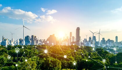 Sunlit cityscape with wind turbines and a network overlaying a green park