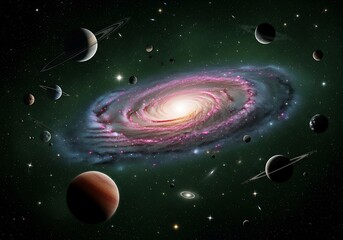 Vibrant spiral galaxy illuminates a cosmic scene with surrounding planets and asteroids