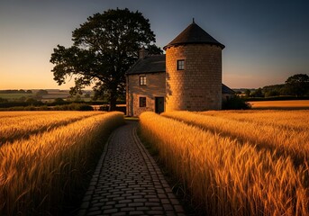 Fototapeta premium Golden wheat field pathway leads to historic stone tower and house at sunset