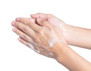 Two hands covered in soap suds washing thoroughly against a black background.