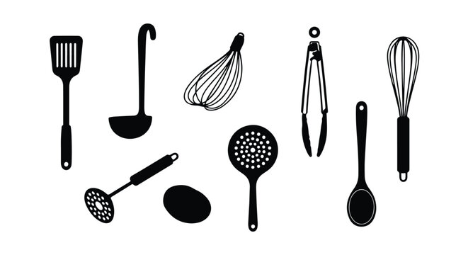 Vector silhouette illustration a variety of kitchen utensils and a single eggplant are displayed, including a ladle, tongs, a peeler, a spoon, and a skimmer