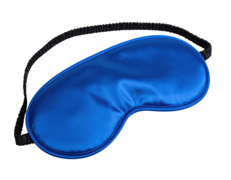 A blue satin sleep mask with a black elastic strap designed to block light and aid restful sleep.