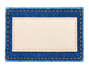 A blue denim fabric patch with a beige rectangular fabric label sewn in the center using yellow thread stitching.