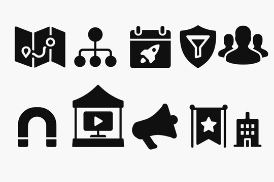 Business, marketing solid icon set for effective strategy and promotion