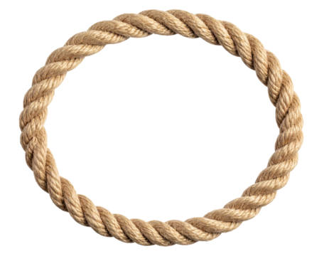 A twisted natural fiber rope formed into a circular loop with a thick and sturdy texture.