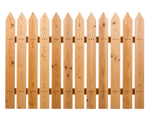 A wooden picket fence panel with evenly spaced vertical slats featuring pointed tops and natural wood grain texture.