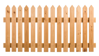 A wooden picket fence panel with evenly spaced vertical slats featuring pointed tops and a natural wood finish.
