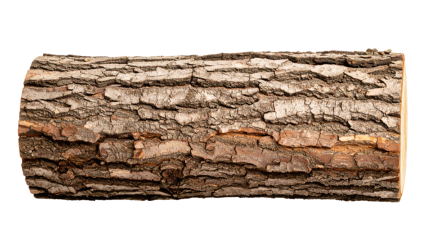 A rough tree log segment with textured bark and visible natural cracks and grooves.