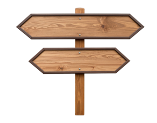 Two wooden arrow signs pointing in opposite directions mounted on a wooden post, featuring natural wood grain and metal trim.