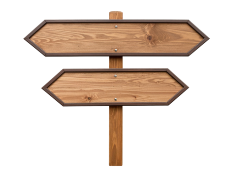 Two wooden arrow signs pointing in opposite directions mounted on a wooden post, featuring natural wood grain and metal trim.