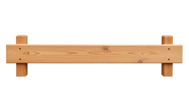 A rectangular wooden signboard made from light-colored planks with visible wood grain and knots, supported by two vertical posts.