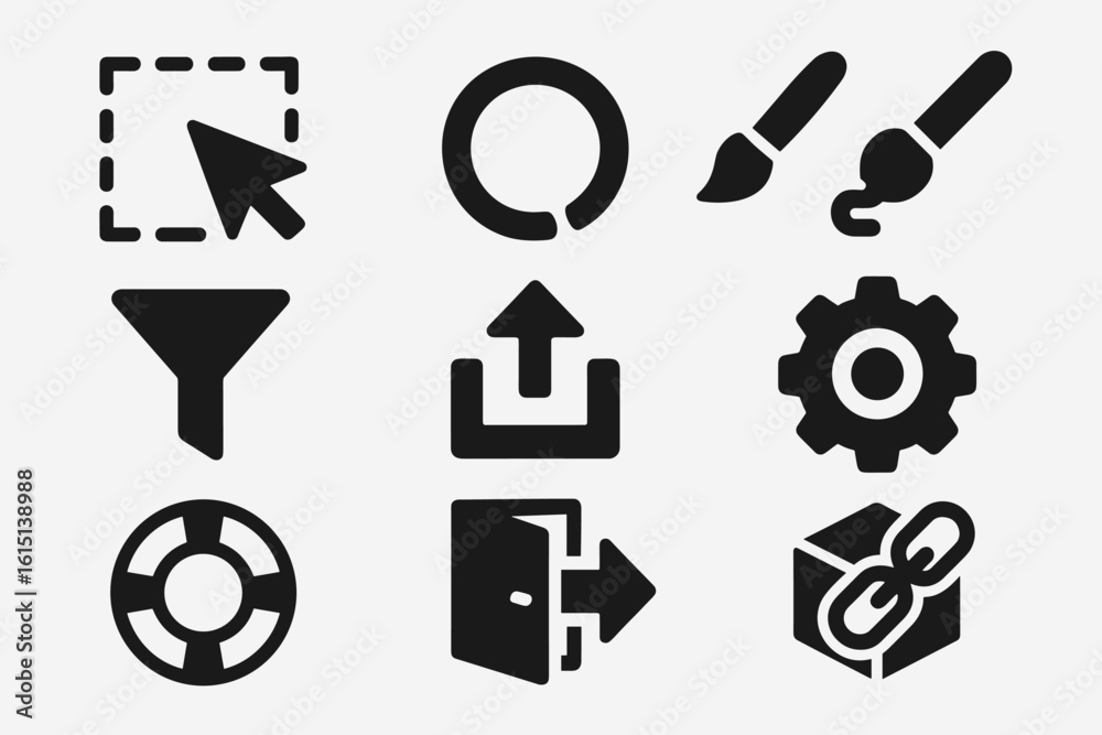 Poster web development solid icon set. tools, technology, interface, coding icons collection