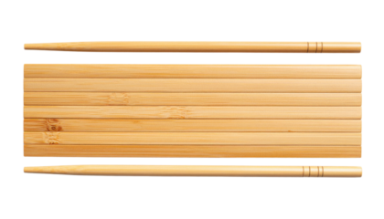 A pair of wooden chopsticks placed above and below a rectangular bamboo sushi serving board.