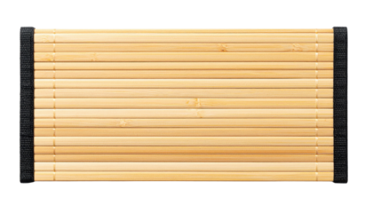 A rectangular bamboo sushi rolling mat with black fabric edges.
