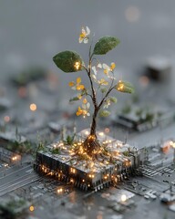 A stylized image of a plant growing from a circuit board, symbolizing organic growth through AI Corporate and Business AI Future Tech and Innovation Digital Lifestyle and Connectivity