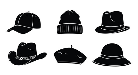 Vector silhouette illustration a collection of stylish headwear, featuring a beanie and a beret
