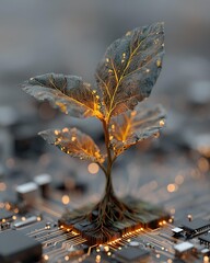 A stylized image of a plant growing from a circuit board, symbolizing organic growth through AI Corporate and Business AI Future Tech and Innovation Digital Lifestyle and Connectivity
