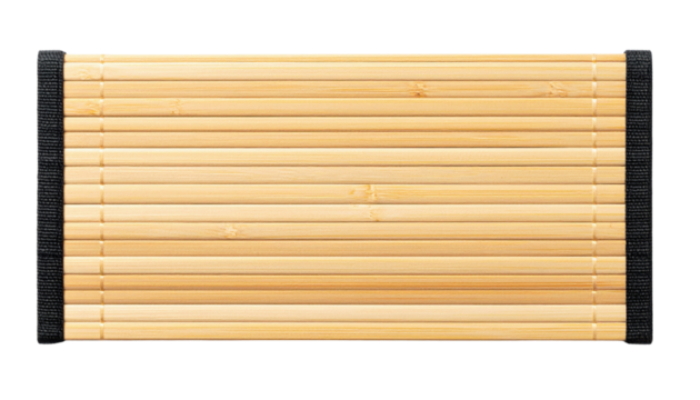 A rectangular bamboo sushi rolling mat with black fabric edges.