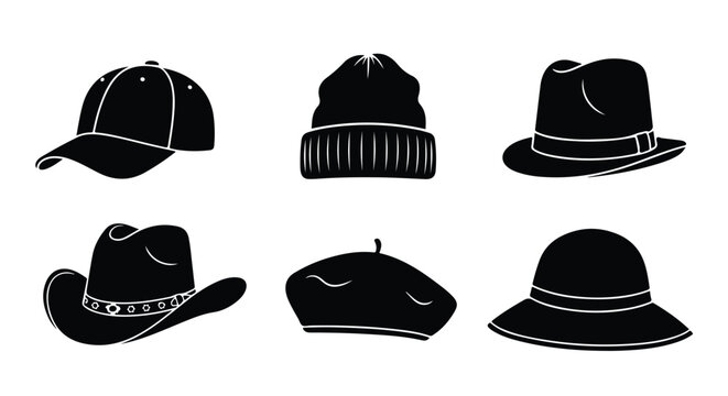 Vector silhouette illustration a collection of stylish headwear, featuring a beanie and a beret