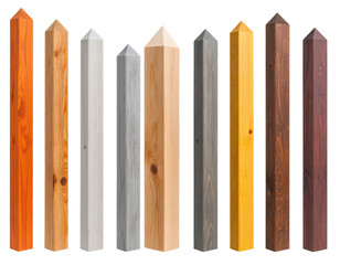 Obraz premium Nine vertical wooden stakes with pointed tops, each in distinct natural and painted wood finishes, arranged side by side.