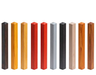 Twelve vertical wooden and painted rectangular posts with varied wood grain textures arranged in a row.