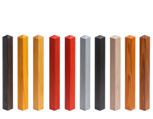 Twelve vertical wooden and painted rectangular posts with varied wood grain textures arranged in a row.