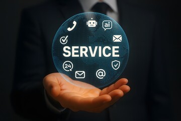 Businessman Holding a Glowing Sphere with Service Icons Representing Customer Support
