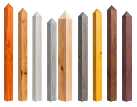 Nine vertical wooden stakes with pointed tops, each in distinct natural and painted wood finishes, arranged side by side.