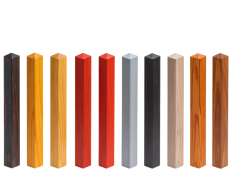 Twelve vertical wooden and painted rectangular posts with varied wood grain textures arranged in a row.