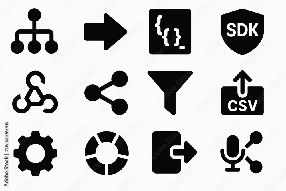 Poster coding and technology solid icon set: software, programming, development icons