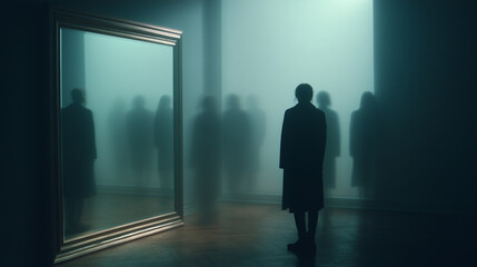 Obraz premium Person stands alone in front of mirror with shadowy reflections.