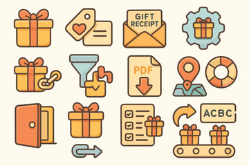 Gift and shopping outline icon set. present, purchase, pdf, and location symbols