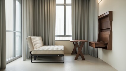 Fototapeta premium Modern Minimalist Living Space with Daybed, Wooden Table, and Wall-Mounted Desk by Bright Window