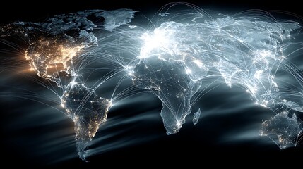 A wide shot of a global map with glowing AI networks connecting ,collaboration and technological advancement Corporate and Business AI Future Tech and Innovation Digital Lifestyle and Connectivity