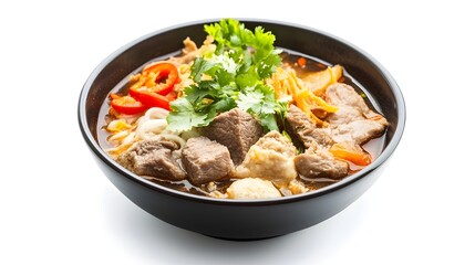 Photograph of a black bowl containing stew with beef, noodles, and chili peppers, garnished with cilantro.