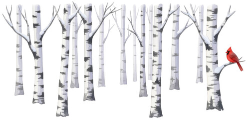 a red cardinal bird in a snowy birch tree forest, watercolour