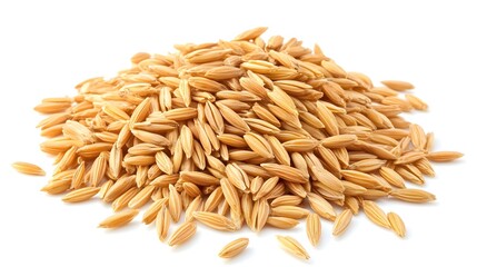 Obraz premium Photograph of uncooked rice grains piled on a white background, showcasing their shape and texture.