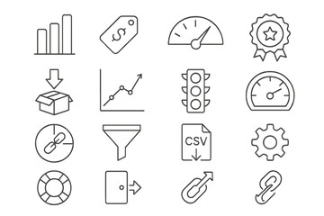 Business and analytics line icon set. charts, graphs, finance, data visuals collection