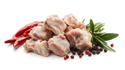 Photograph of raw meat chunks with peppercorns and rosemary sprigs on a white background.