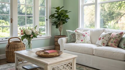 Cozy Living Room with White Sofa, Floral Cushions, and Garden View Through Large Windows