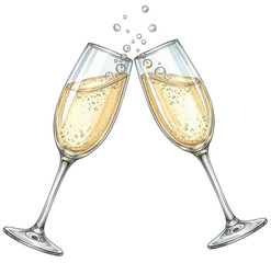 Fototapeta na wymiar two champagne glasses toasting, a festive watercolor celebration